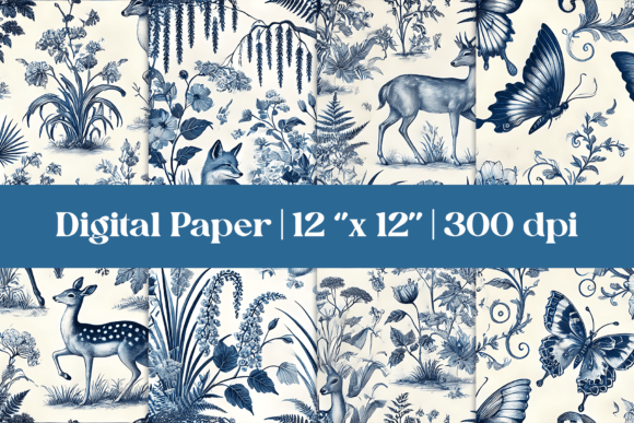 Blue Toile Chinoiserie Digital Paper PNG