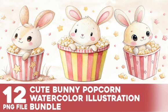 Cute Bunny Popcorn Watercolor Bundle