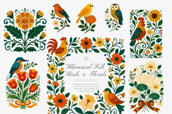 Folk Floral and Bird Clipart Set: Elevating Digital Design with Whimsical Nature Motifs