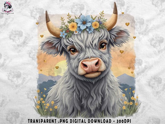 Grey Boho Highland Cow with Flowers